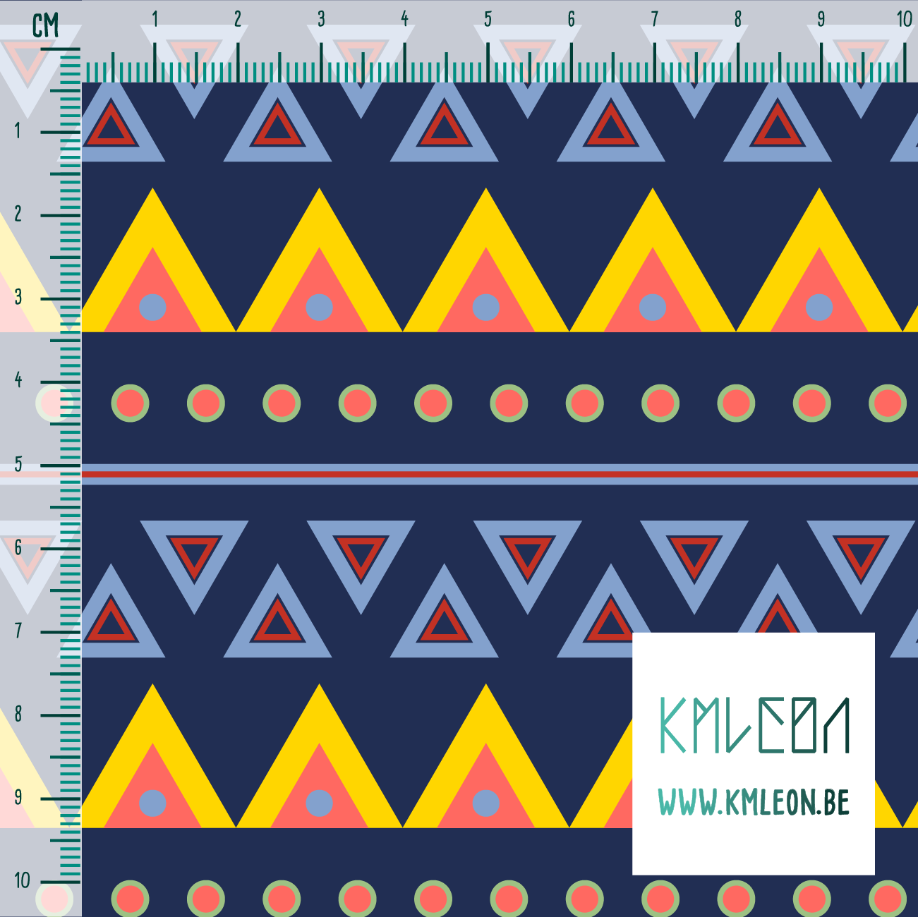 Red, blue, yellow and coral circles and triangles fabric