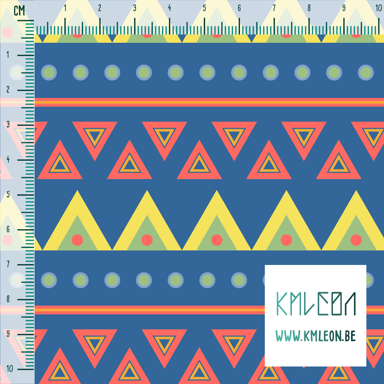 Green, yellow, coral, orange and blue circles and triangles fabric