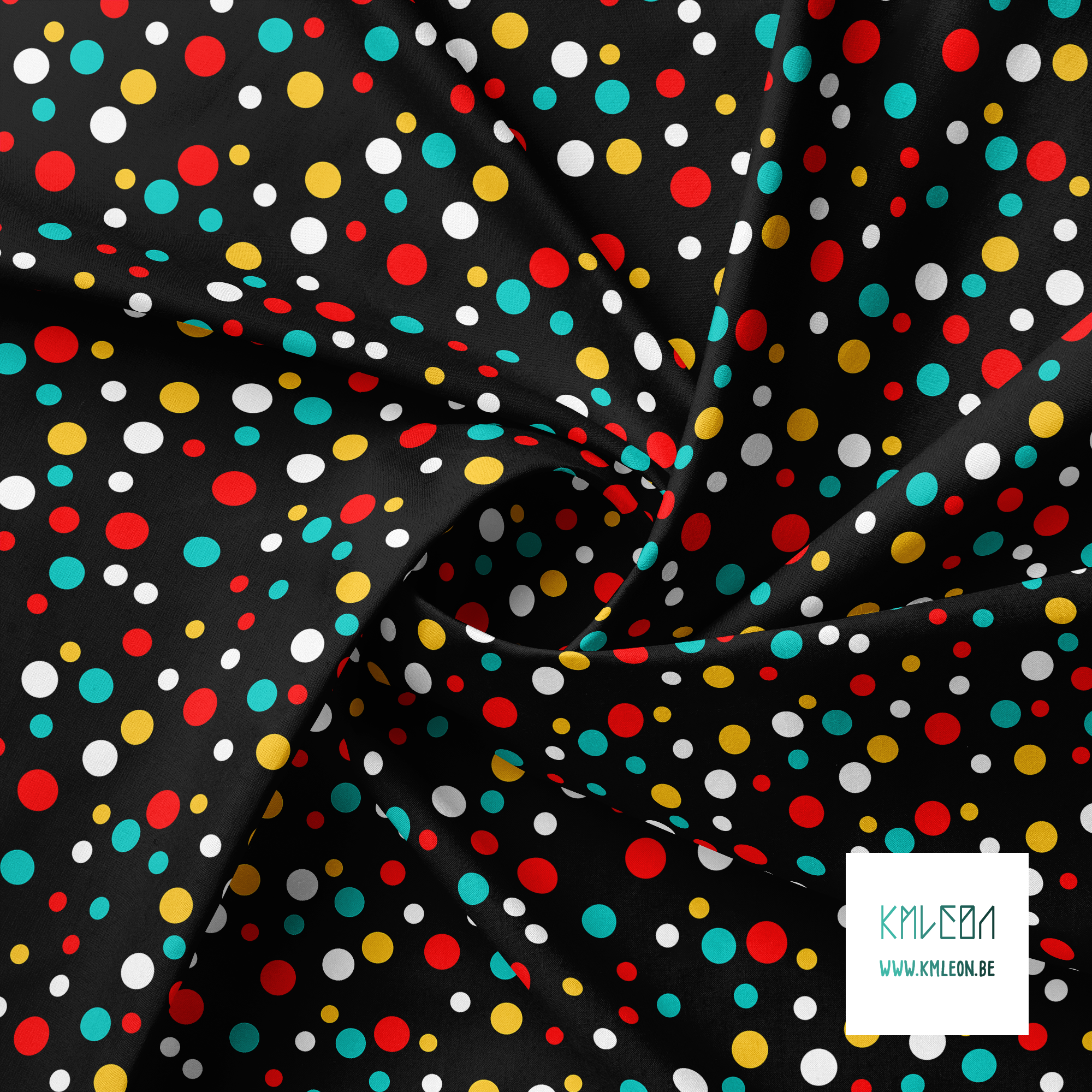 Random teal, yellow and red polka dots fabric