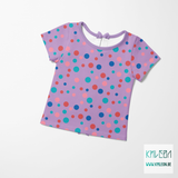 Random pink, red, blue and teal polka dots fabric