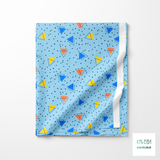 Yellow, blue and orange triangles and navy dots fabric