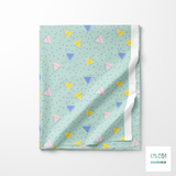 Pink, yellow and periwinkle triangles and periwinkle dots fabric