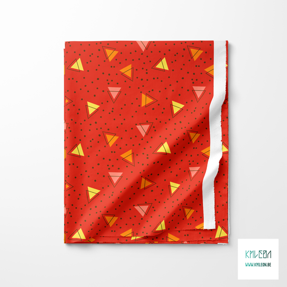 Yellow, orange pink and brown triangles and brown dots fabric