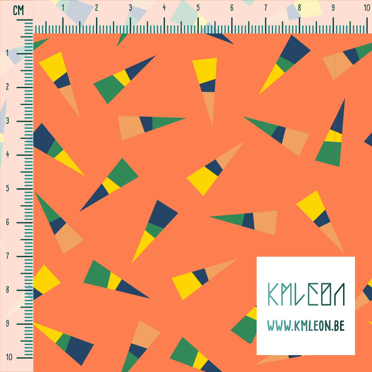 Orange, green, yellow and navy triangles fabric