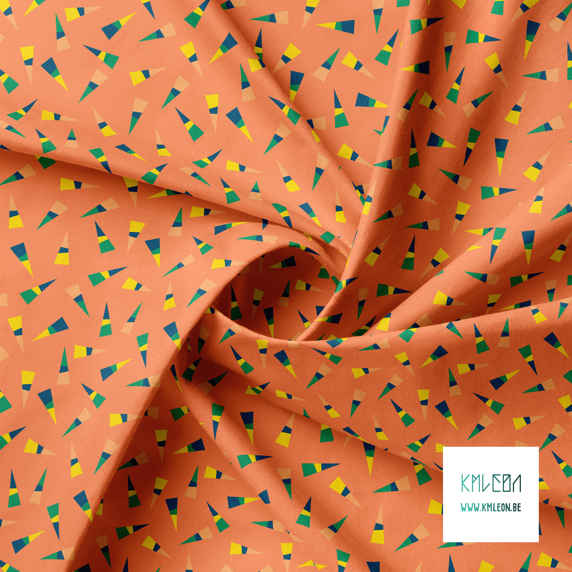 Orange, green, yellow and navy triangles fabric