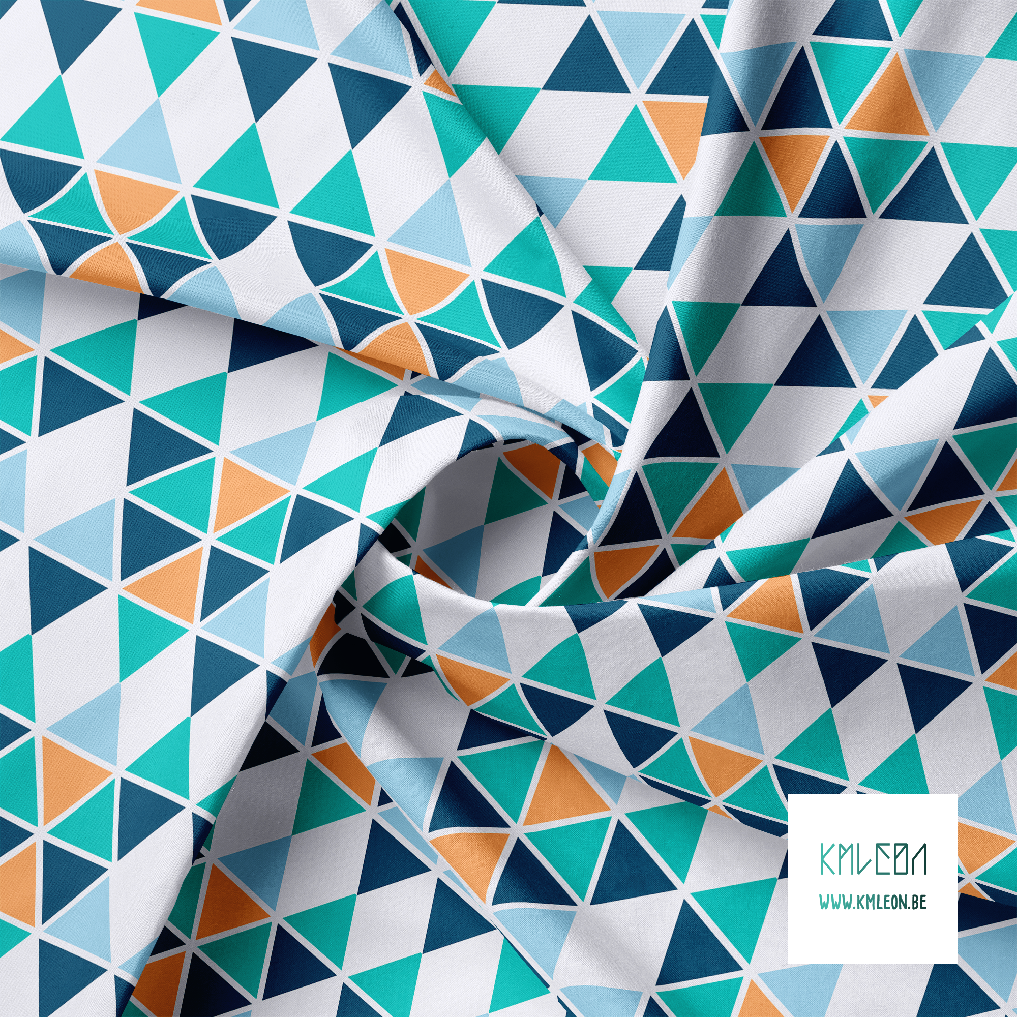 Navy, blue, teal and orange triangles fabric