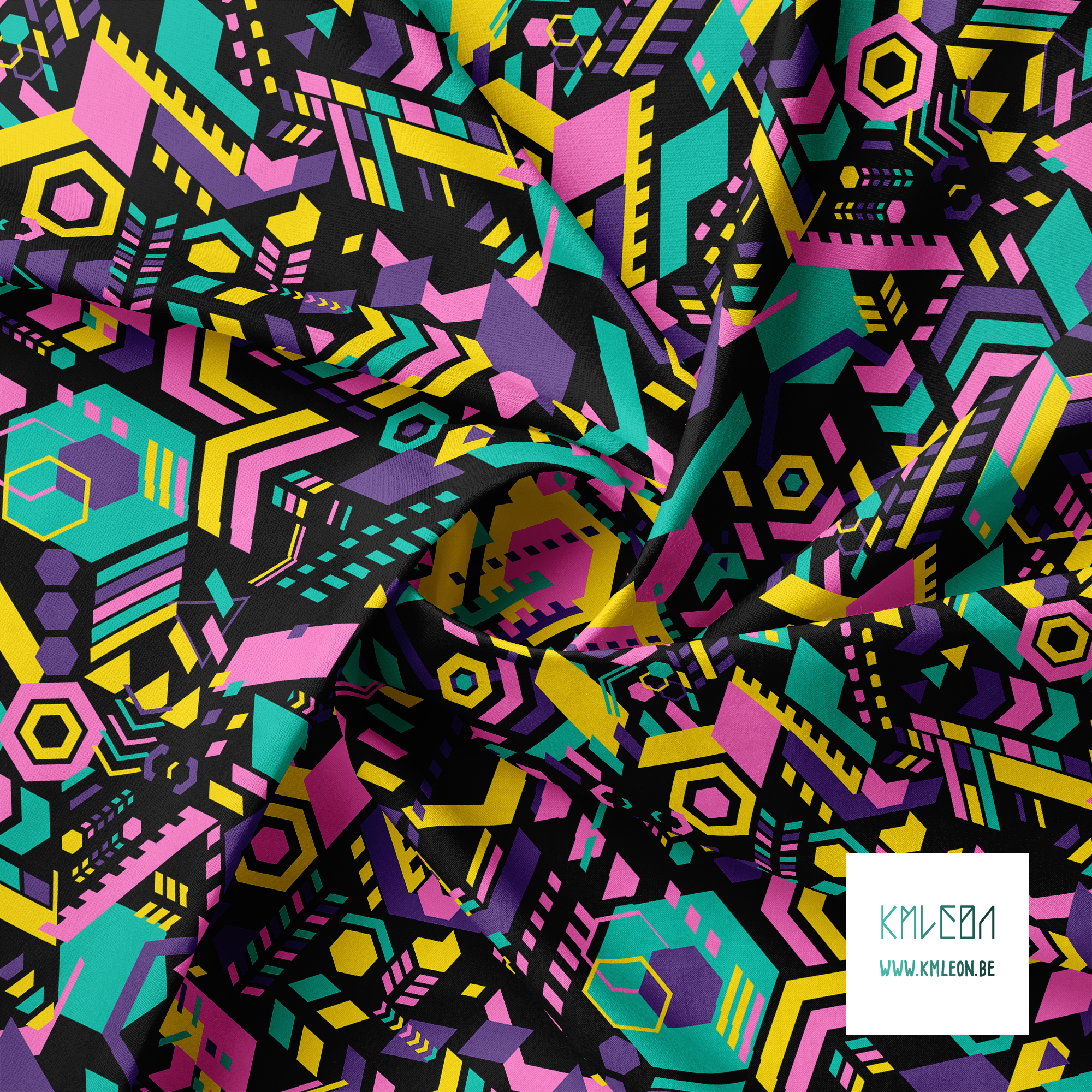 Pink, purple, yellow and teal jumbled geometric shapes fabric