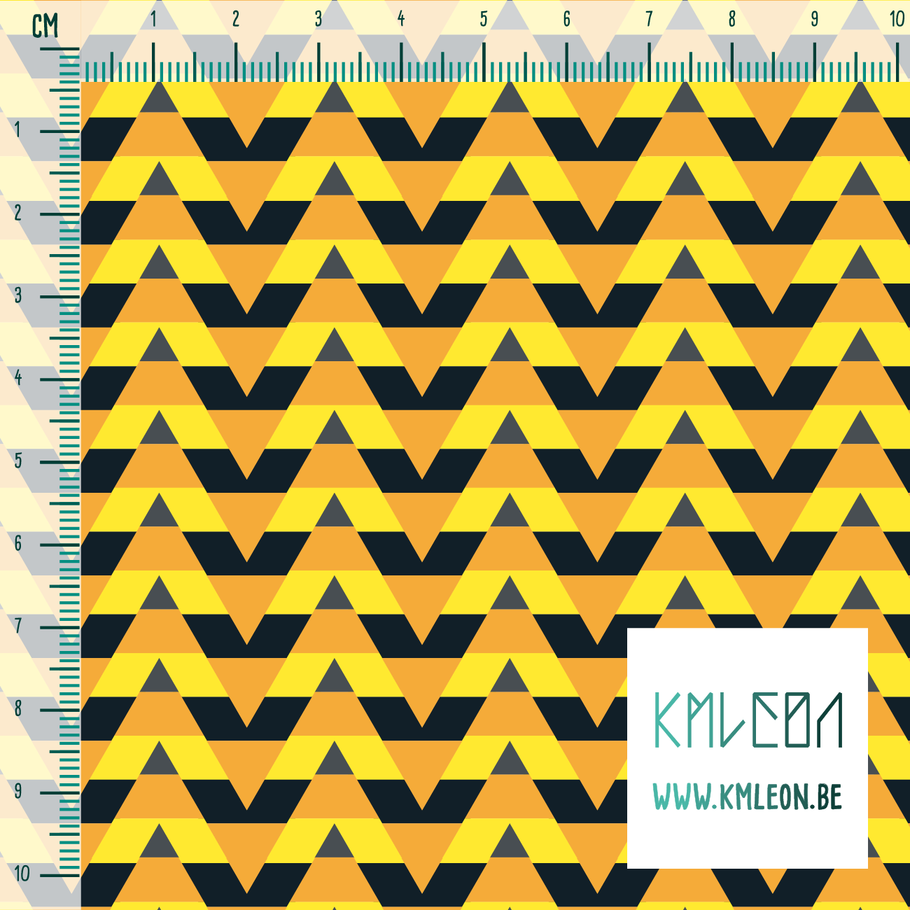 Striped triangles in yellow, orange, grey and dark teal fabric