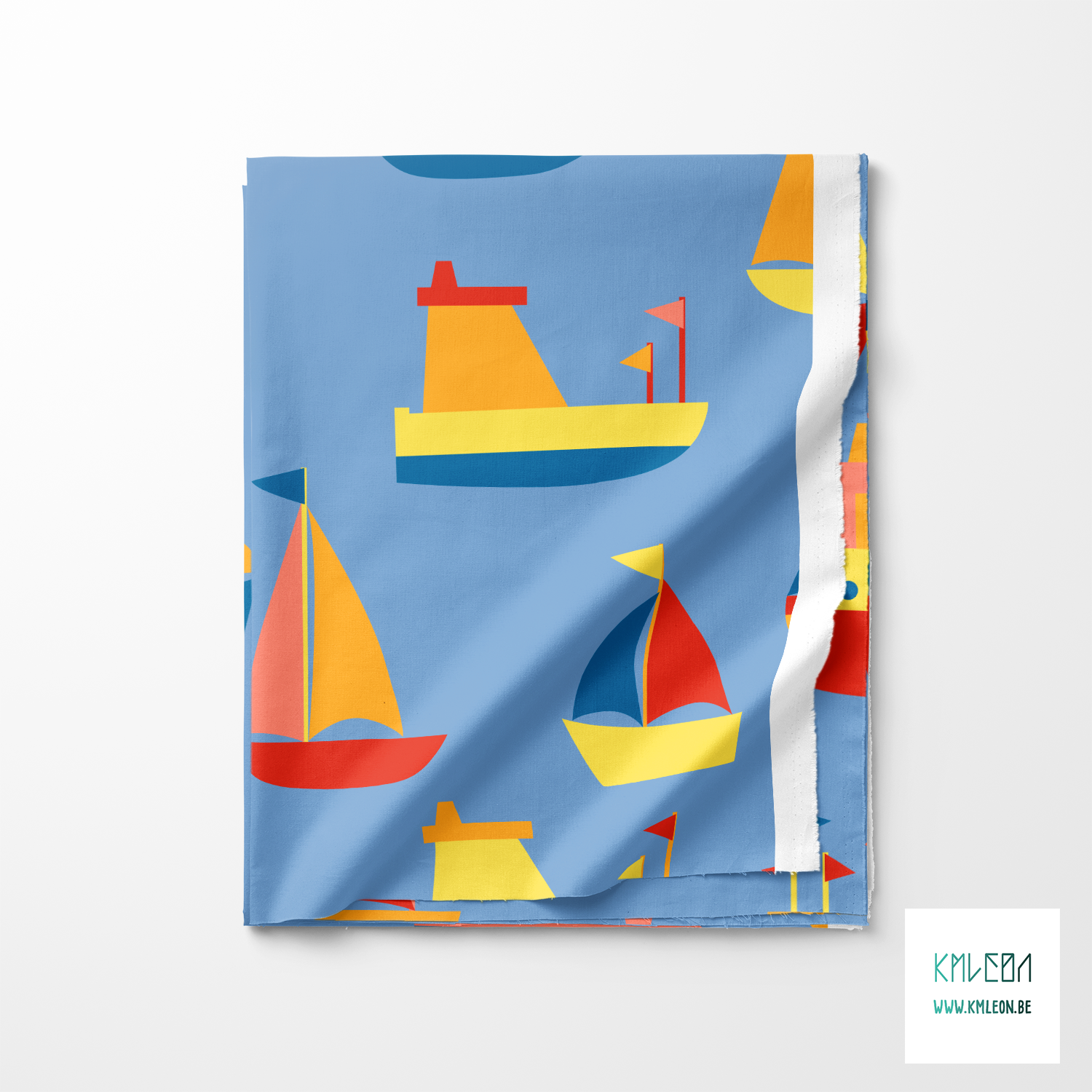 Large red, blue, orange and pink boats fabric