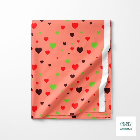 Red, green and brown hearts fabric