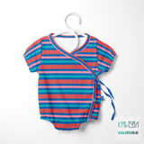 Horizontal stripes in teal, pink and red fabric