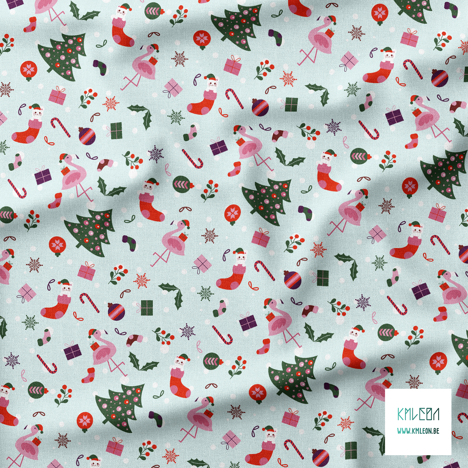 Christmas cats and flamingos fabric