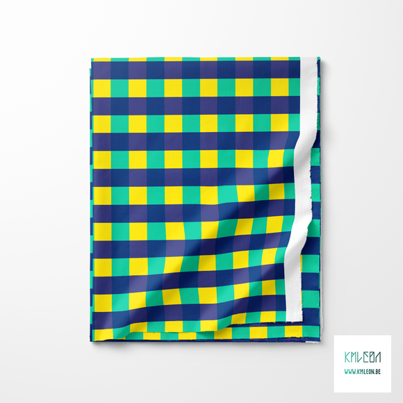Teal, blue and yellow gingham fabric