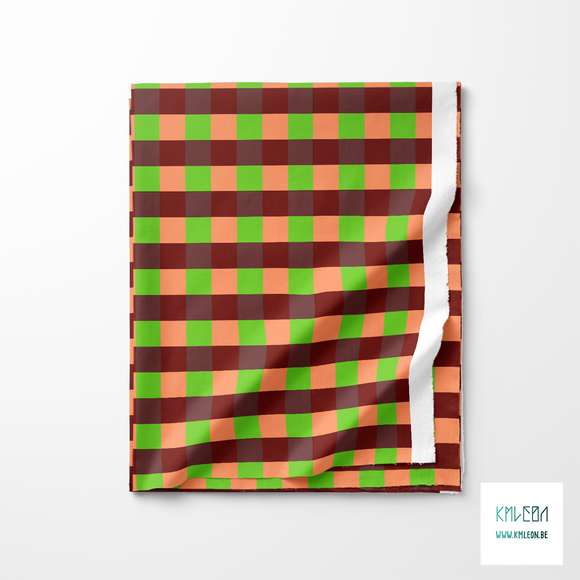 Green, pink and brown gingham fabric