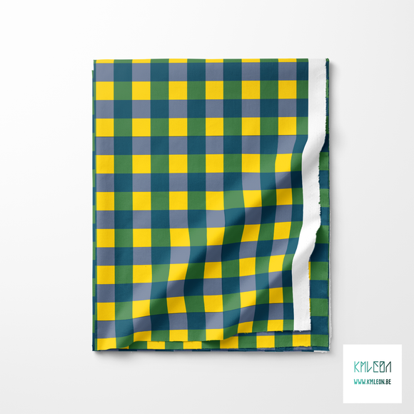 Yellow, navy and green gingham fabric
