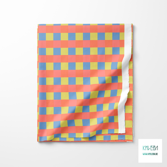 Yellow, blue and coral gingham fabric