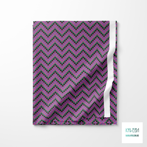Pink, black, purple and green pixel chevron fabric