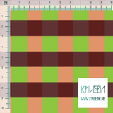 Green, pink and brown gingham fabric