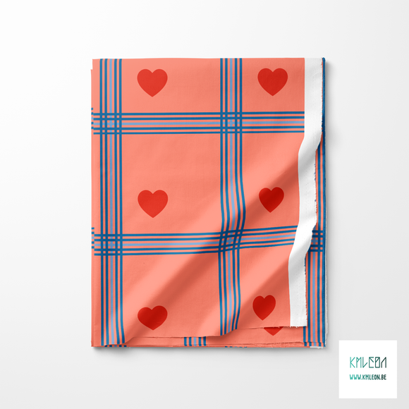 Blue plaid with red hearts fabric