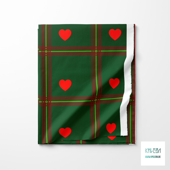 Red and green plaid with red hearts fabric