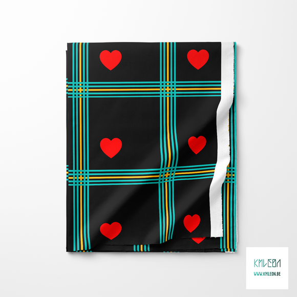 Teal and yellow plaid with red hearts fabric