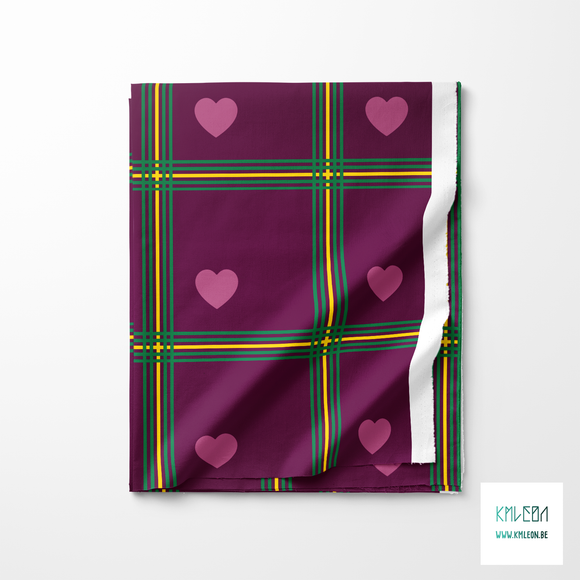 Green and yellow plaid with pink hearts fabric