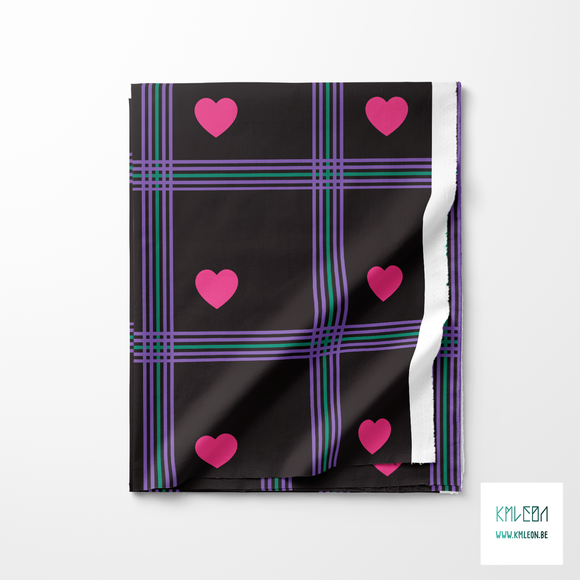 Purple and green plaid with pink hearts fabric