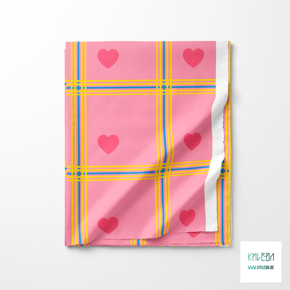 Blue and yellow plaid with pink hearts fabric