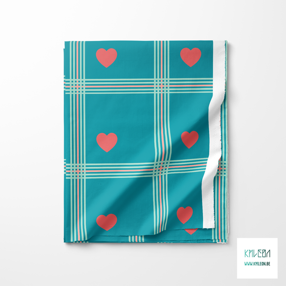 Pink and mint green plaid with pink hearts fabric