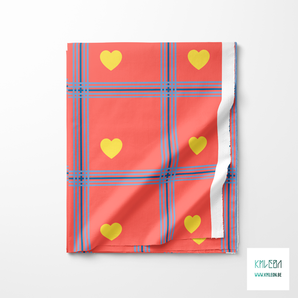 Blue plaid with yellow hearts fabric