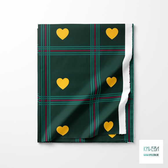 Green and purple plaid with yellow hearts fabric