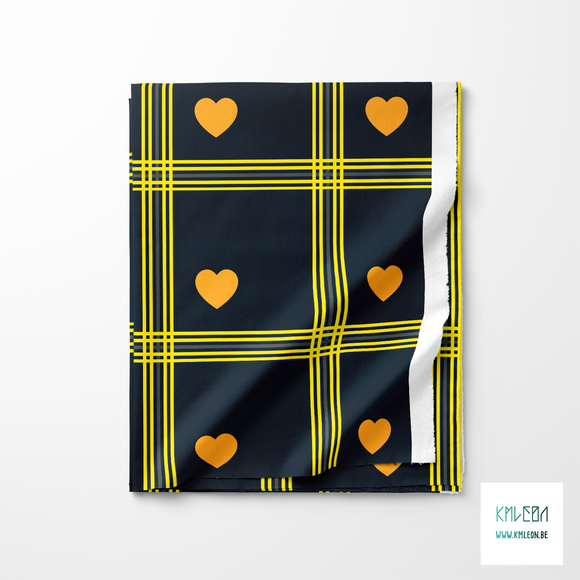 Yellow and grey plaid with orange hearts fabric