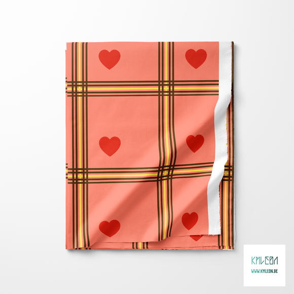 Brown and yellow plaid with red hearts fabric
