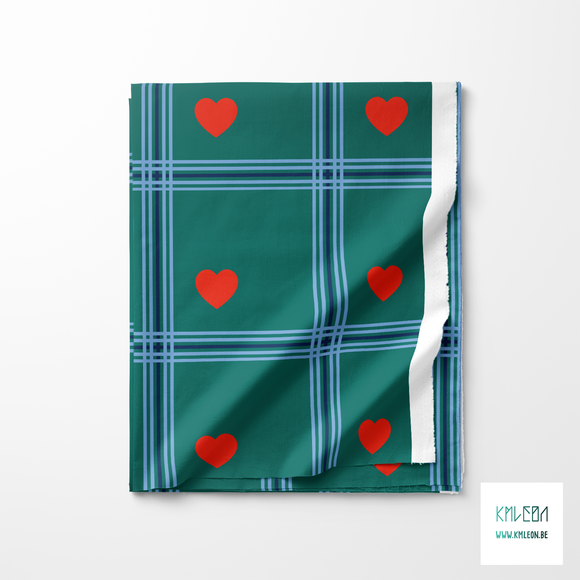 Blue plaid with red hearts fabric