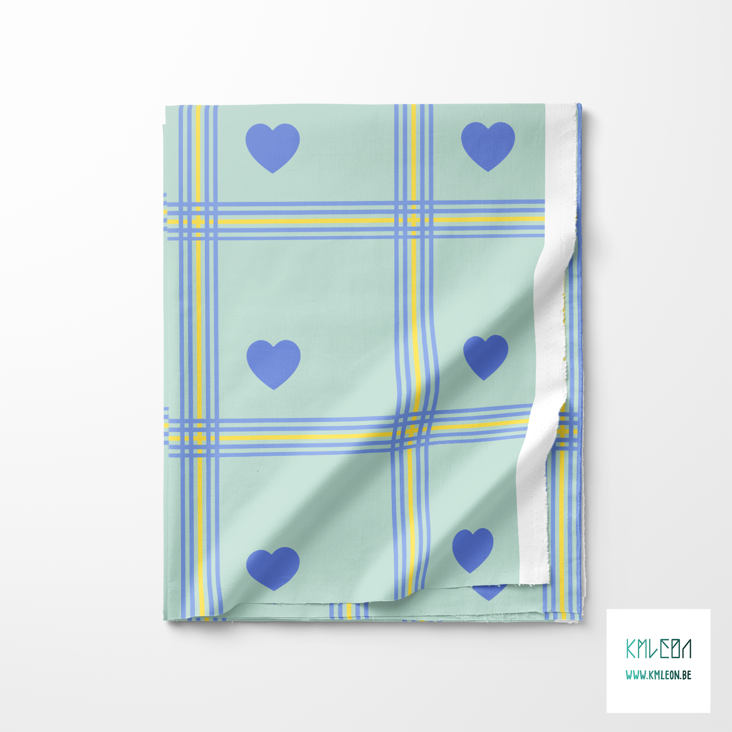 Yellow and periwinkle plaid with periwinkle hearts fabric