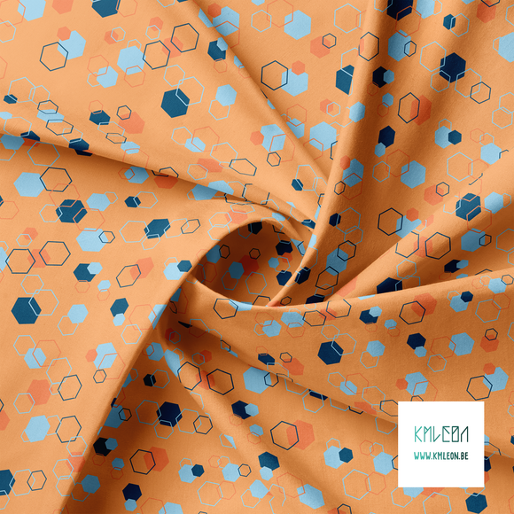 Random blue, navy and orange octagons fabric