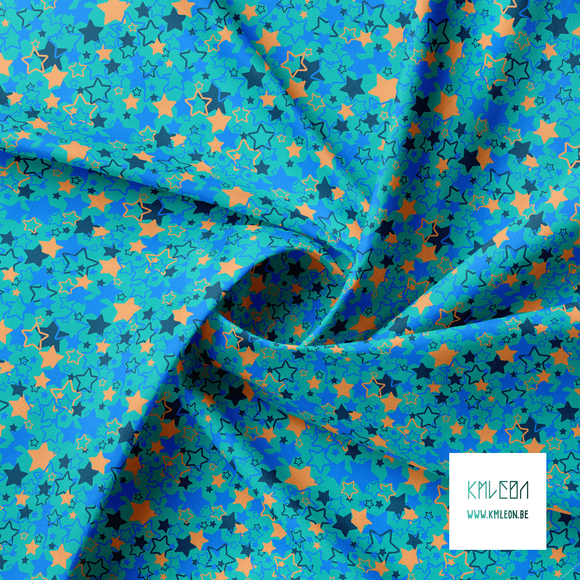 Blue, navy and orange random stars fabric