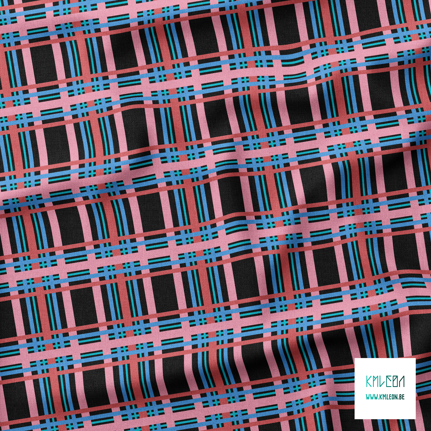 Pink, red, blue and teal tartan fabric