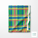 Blue, yellow and coral tartan fabric