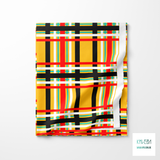 Red, teal, black and white tartan fabric