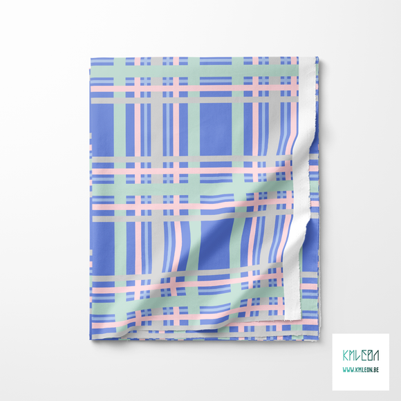Mint green, pink, grey and periwinkle tartan fabric