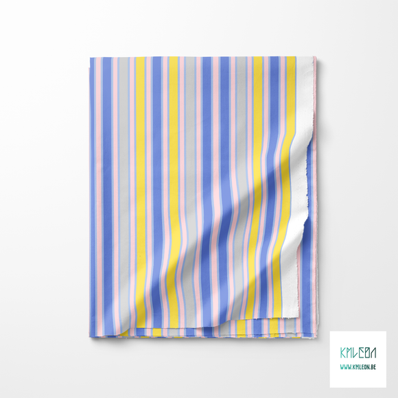 Pink, yellow, grey and periwinkle vertical stripes fabric