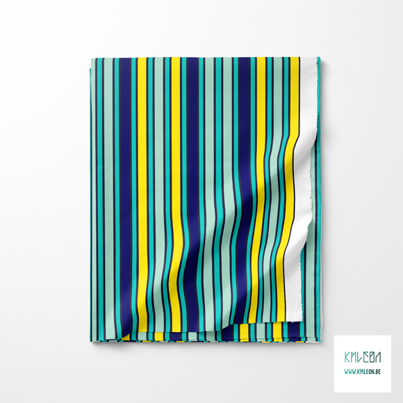 Blue, yellow, teal and mint green vertical stripes fabric