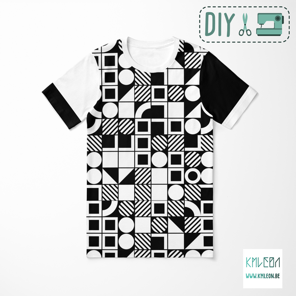Zwarte en witte geometrische vormen knip en stik t-shirt ©