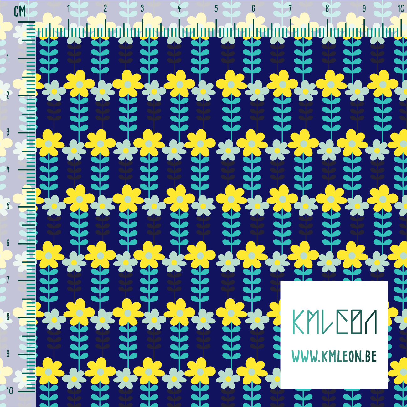 Blue, yellow and teal flowers fabric