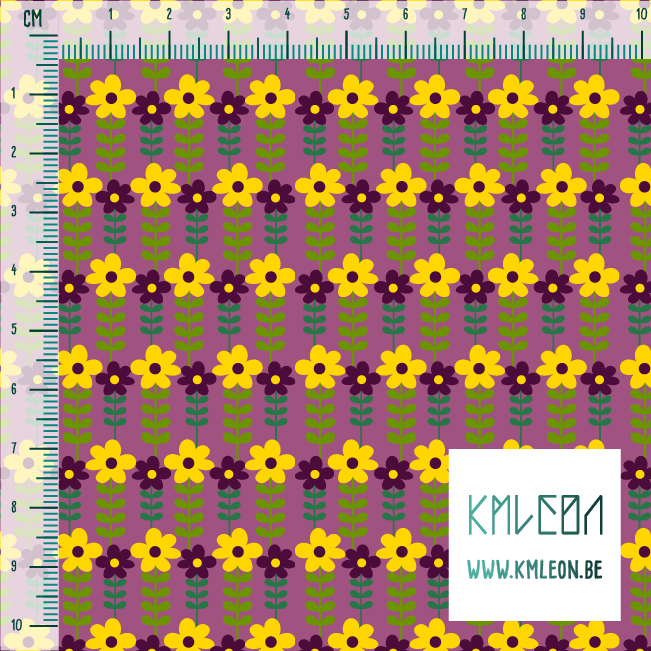 Yellow, purple and green flowers fabric