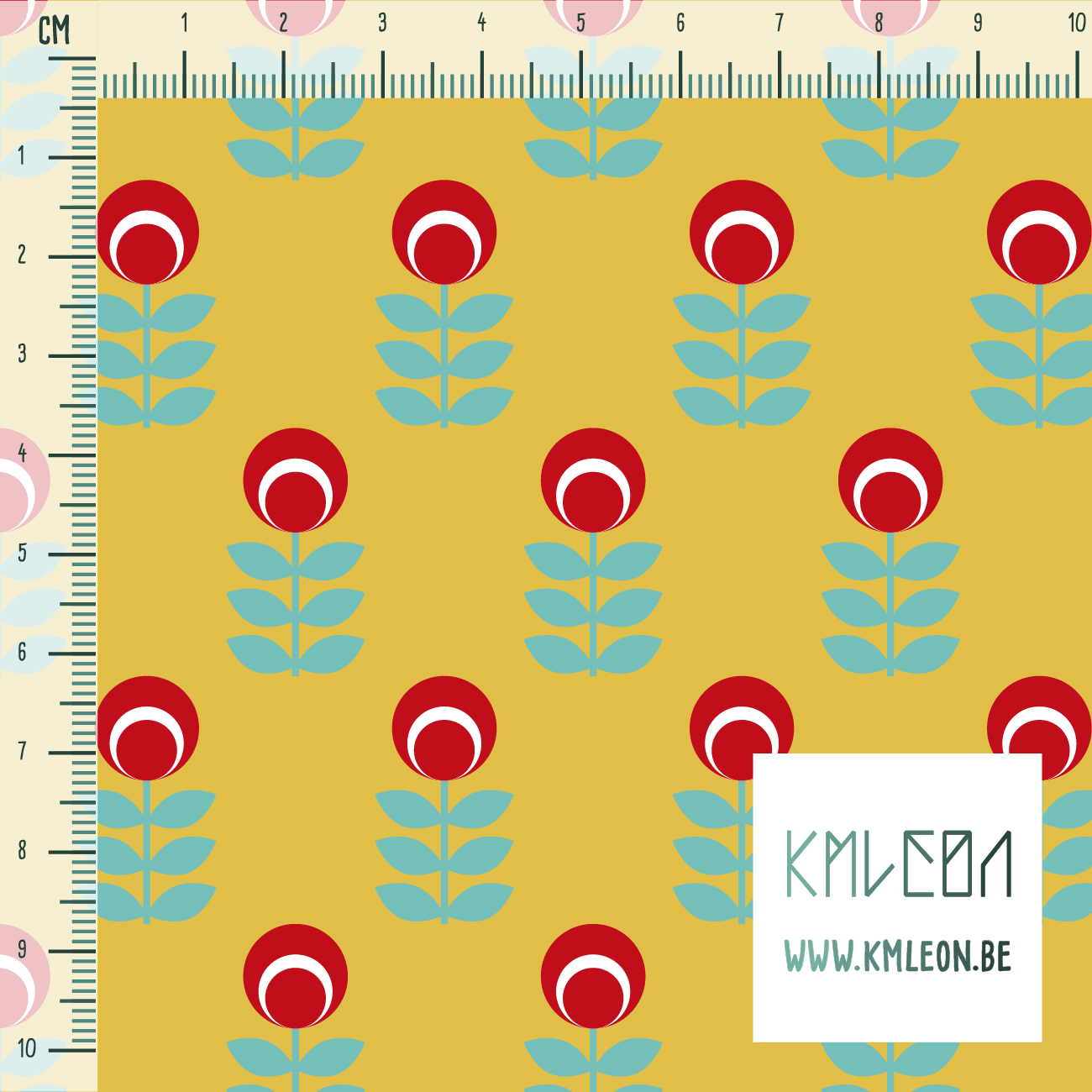 Red and teal scandi flowers fabric