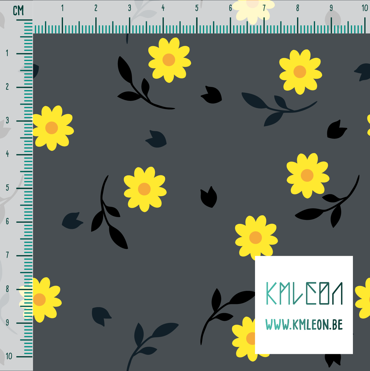Yellow, orange, black and dark teal flowers and leaves fabric