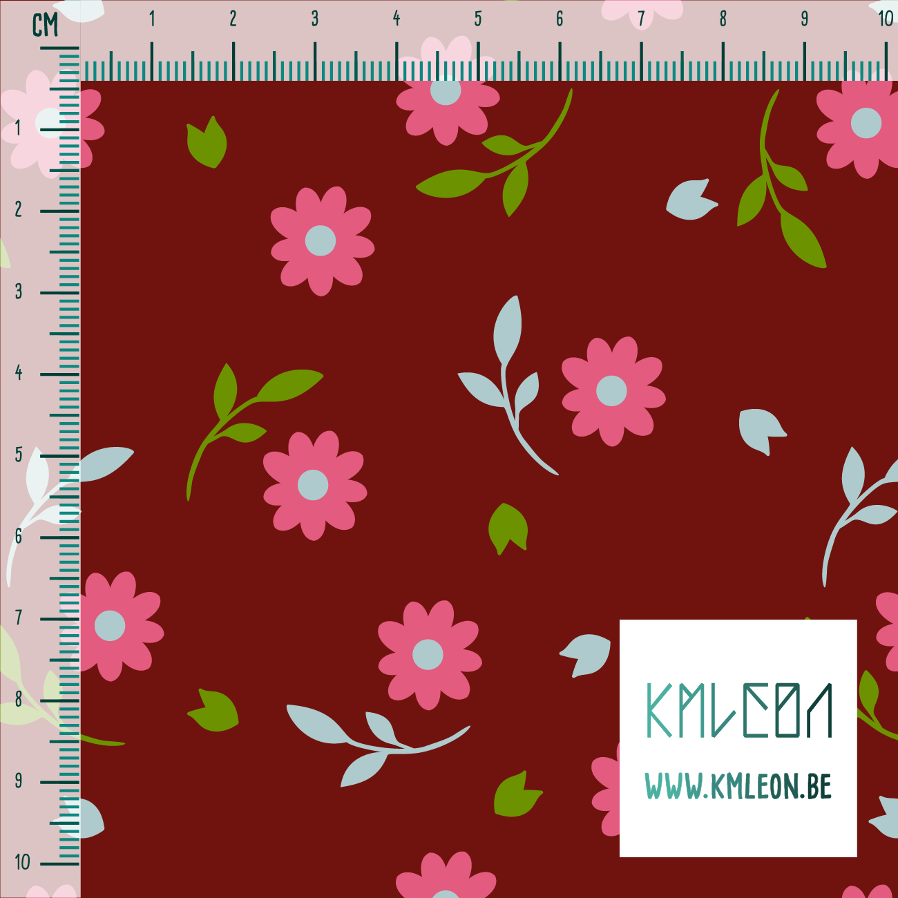 Pink, light blue and green flowers and leaves fabric