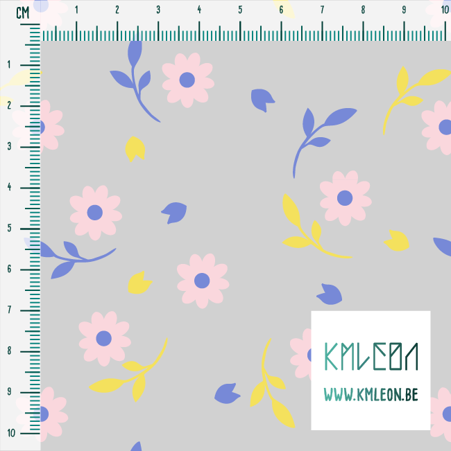 Pink, periwinkle and yellow flowers and leaves fabric